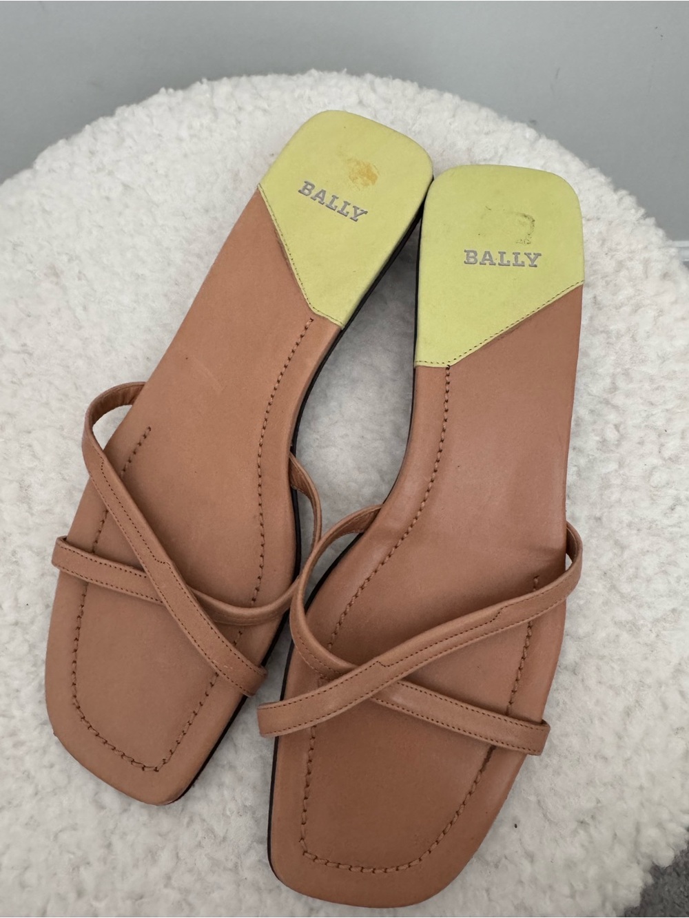 Bally Tan Leather Crisscross Slide Sandals with Yellow Insole
